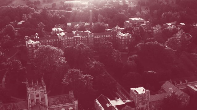 Overhead view of campus buildings and trees