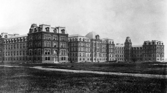 A black and white image of Main Building