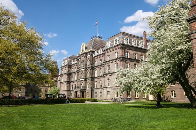 Exterior of a large, brown building