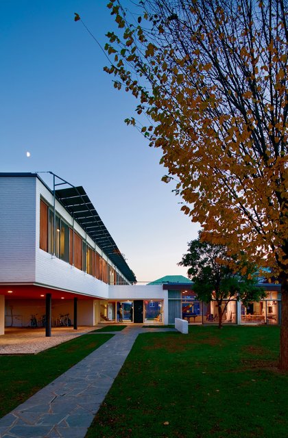 A residential building at dusk